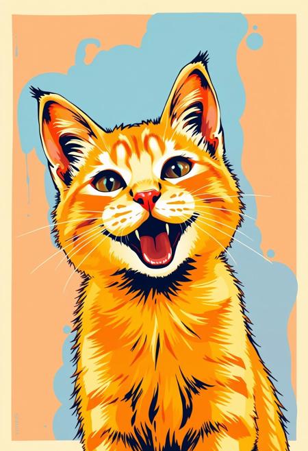 A pop art image of the happiest little orange cat you've ever seen in the style of Andy Warhol