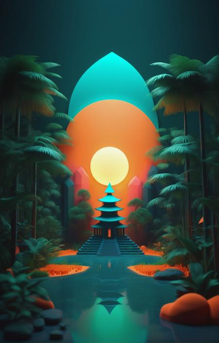 3d isometric, blender render, soft colorful-hued colors,  mystical sunset, dark sky, dark and moody, foggy, tiny temple on a lush jungle <lora:EnvyMoonriseXL01:1>, orange and teal color grading Two tone lighting, abstract geometric gradients, geometric shapes, simple background