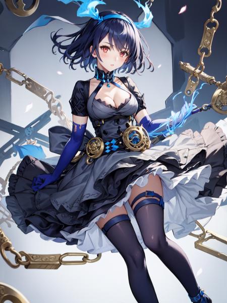 sinoalice_alice hair ribbon, dress, gothic, cleavage, blue fire, blue elbow gloves, short sleeves, black thighhighs, thigh_strap, red eyes, black high heels, checkered belt, frills