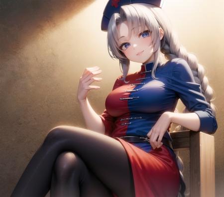 <lora:yagokoro_eirin:1>, 1girl, standing, yagokoro eirin, multicolored clothes, nurse cap, nurse, red dress, blue dress, sitting, crossed legs, happy