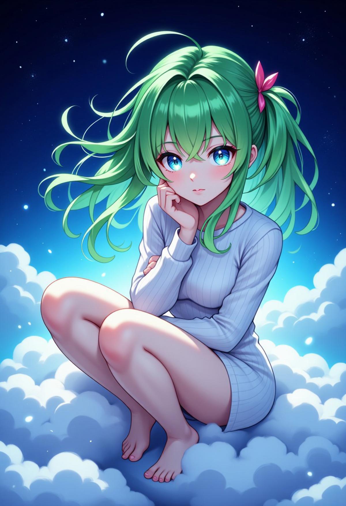 score_9, score_8_up, score_7_up, Morrigan Aensland, green hair, floating hair, sitting over a cloud, crossed legs, starry sky, detailed, anime, detail eyes, magic eyes, de01, glowing, light particles, made of light