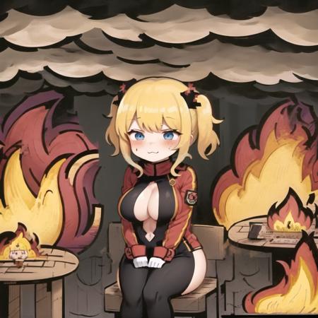 (thisisfine:1.2), (surrounded by fire:1.1), 1girl, cute, arms under breasts, nervous, worried, panic, shocked,
cute expression, proportional features, blonde hair, blue eyes, light smile, extremely detailed, large breasts, (<slingshotkini>:1.1),
(greenhouse:1.3), looking up, (dappled sunlight:1.0), extremely detailed background