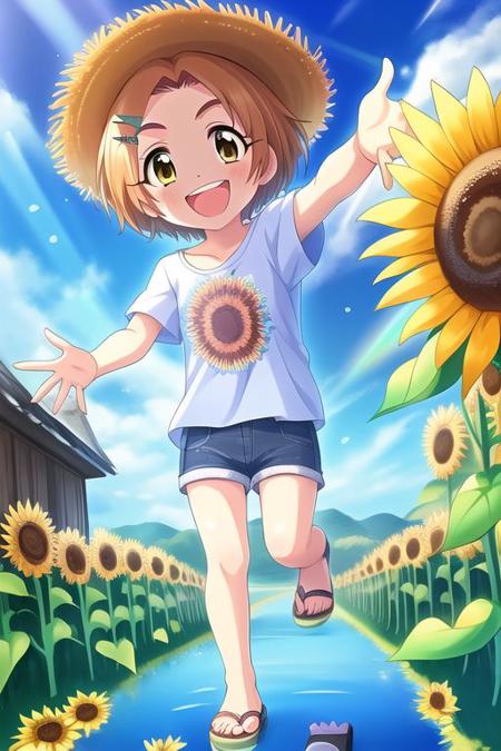 Ryuzaki Kaoru,
1girl, :d, arm up, blue sky, blush, brown hair, denim, denim shorts, flower, full body, hair ornament, hairclip, hat, looking at viewer, open mouth, outstretched arm, puddle, rainbow, reflection, sandals, shirt, short hair, short sleeves, shorts, sky, smile, solo, standing, straw hat, summer, sunflower, teeth, water, watering can, yellow shirt
<lora:u149-v3.1:1>