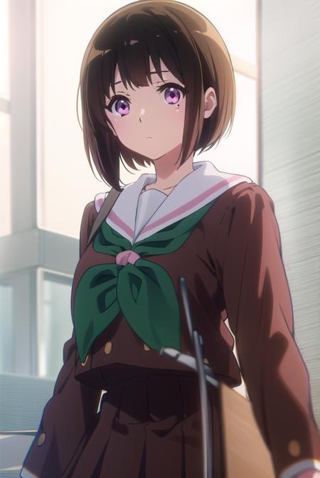 kaorinakaseko, <lora:kaori nakaseko s2-lora-nochekaiser:1>,
kaori nakaseko, short hair, bangs, brown hair, (pink eyes:1.3), mole, mole under eye,
BREAK skirt, shirt, long sleeves, school uniform, pleated skirt, serafuku, neckerchief, (brown skirt:1.2), white sailor collar, (brown shirt:1.2), kitauji high school uniform, (green neckerchief:1.5),
BREAK indoors, classroom,
BREAK looking at viewer, (cowboy shot:1.5),
BREAK <lyco:GoodHands-beta2:1>, (masterpiece:1.2), best quality, high resolution, unity 8k wallpaper, (illustration:0.8), (beautiful detailed eyes:1.6), extremely detailed face, perfect lighting, extremely detailed CG, (perfect hands, perfect anatomy),