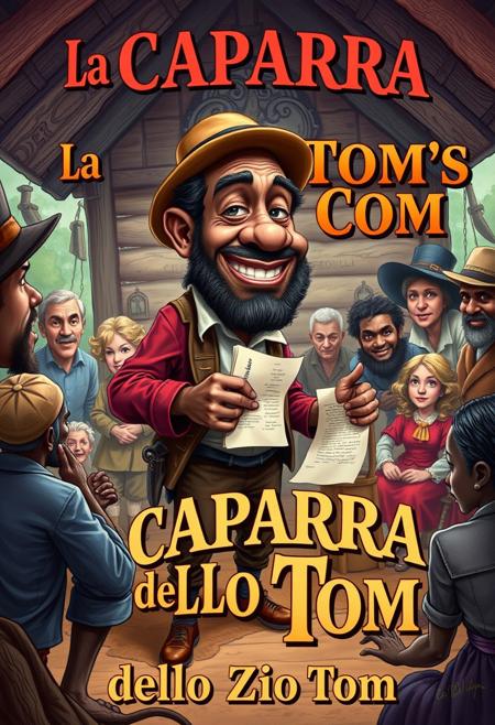 “Illustrate a caricature-style book cover inspired by Uncle Tom’s Cabin, reimagined as La CAPARRA dello Zio Tom. The scene should feature exaggerated, satirical elements with bold, dynamic colors that evoke the vintage aesthetic of 19th-century illustrated book covers.
Uncle Tom is portrayed as a humorous, larger-than-life character, dressed in tattered yet vibrant clothing, holding a contract or receipt symbolizing ‘la caparra’ (the deposit). Surround him with symbolic elements representing social commentary, such as exaggerated caricatures of other characters from the original novel, set in a plantation backdrop with surreal and whimsical tones.
The title, La CAPARRA dello Zio Tom, should be prominently displayed in bold, ornate lettering that blends classic typography with a playful twist. Include smaller details that highlight the satirical nature of this cover while staying respectful to the original themes of the book.”