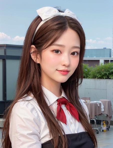 (RAW photo, best quality), (realistic, photo-realistic:1.2), a close up portrait photo, minju, shopping mall rooftop cafe, outdoor, light smile, (high detailed skin:1.4), puffy eyes, gorgeous hair, air bangs, brown black hair, white opaque shirt with bow tie, pure red pleated skirt, soft lighting, high quality,
 <lora:mjftwv2:0.75>