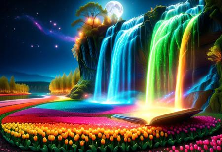 vibrant colors, shiny_skin, prefect lighting, detailed image, snoozing, masterpiece, best quality, highly detailed, ultra quality, 
made of l1qu1dp34rl, pearlescent, multicolored, jaynl-tm, hkmagic, sparkling glitter and crystals, glowing sapphire light waves, in a fantasy art style, 
flower field made of l1qu1dp34rl, flower field made of tulips,
outdoors, neon lights, glowing, glowing RGB lights, forest, tree, waterfall made of l1qu1dp34rl, river made of l1qu1dp34rl, sciencefiction, neon lights, night, moon, 
<lora:StS_PonyXL_Detail_Slider_v1.4_iteration_3:4>,