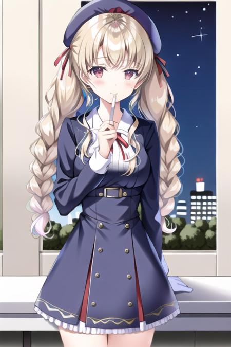 (extremely detailed CG unity 8k wallpaper),(((masterpiece))), (((best quality))), 1girl,bangs,beret,blonde hair,blush,bow,braid,card,cityscape,closed mouth,finger to mouth,hair between eyes,hand up,hat,hood,long hair,looking at viewer,night,red bow,red eyes,red ribbon,ribbon,side braids,smile,solo,sparkle,standing,star (sky),twin braids,twintails
, <lora:lora_ensemble_29a-000010:0.85>