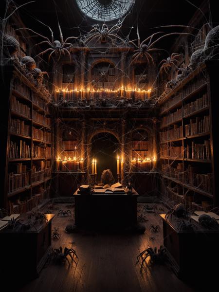 An ancient, mystical library with towering bookshelves and arcane artifacts, dimly lit by candlelight and teeming with ais-spiderz crawling among the books and relics, adding a sense of ancient wisdom and mysterious allure <lora:Spiders_Style_SDXL:1>