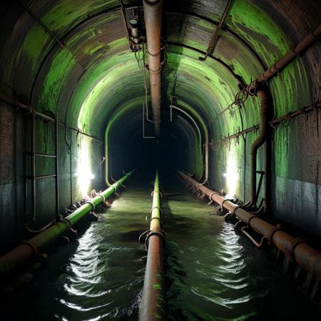 a narrow sewer tunnel stretching into darkness, damp brick walls coated in green slime, rusted pipes weaving along the ceiling, ankle-deep water reflecting faint industrial light, a shadow barely visible at the vanishing point, tunnel, reflection, creepy, dark, dirty