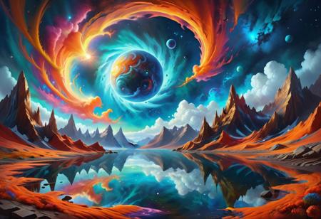 "Imagine a highly detailed, oil painting-style artwork of a surreal, cosmic landscape. In the foreground, a lone figure stands on the shore of a reflective, glass-like lake under a tumultuous sky. The sky is a whirlpool of fiery orange, rich golds, and deep teal blues, suggesting a portal or galaxy opening above. The scene is lit with a dynamic interplay of light and shadow, adding a three-dimensional quality to the swirling celestial event and the reflective water. The textures are thick and expressive, characteristic of oil paint, with visible brushstrokes that give life and movement to the composition. The landscape is alien, with dark, jagged terrain that fades into the cosmic display, and the atmosphere is one of awe and otherworldly beauty. Ultra High Definition 64K, Detailed and Intricate, Digital Art, Photo, Realistic, Cinematic, Studio Lighting, Beautiful Lighting, landscape view