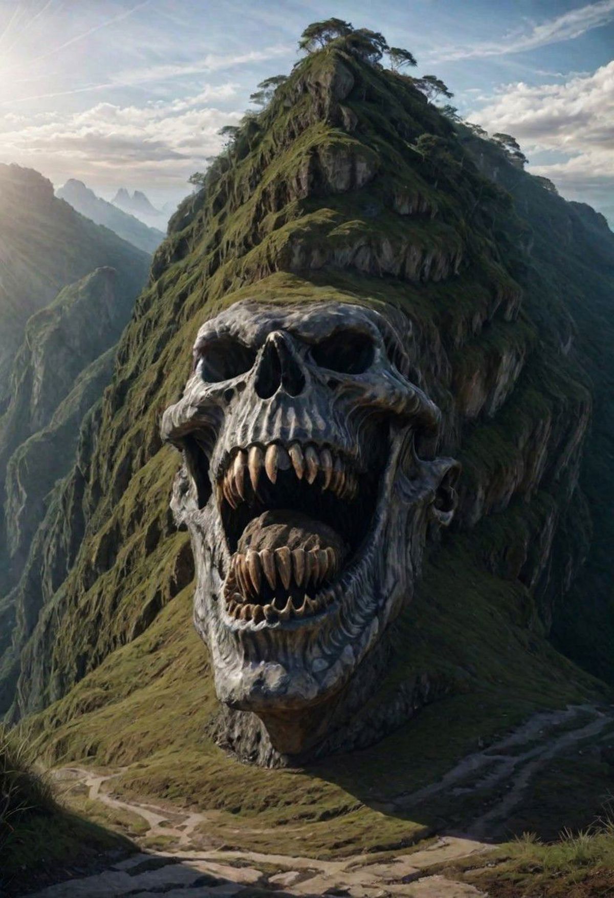 Large Skull with Teeth and Grinning Mouth on a Mountain Side