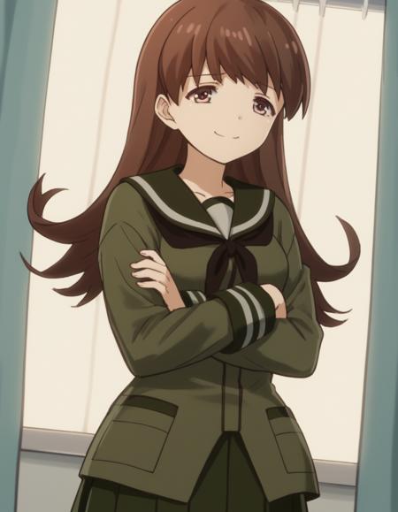 ooi, long hair, brown hair, brown eyes, ooi (kancolle) skirt, school uniform, pleated skirt, serafuku,