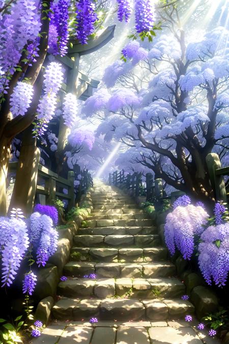 Wallpaper Fusion,  dappled sunlight,  day,  flower,  hydrangea,  leaf,  light rays,  nature,  no humans,  outdoors,  path,  plant,  purple flower,  scenery,  stairs,  sunlight,  torii,  tree,  wisteria, <lora:EMS-49411-EMS:1.000000>