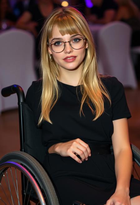 pretty quadriplegic young woman sat in her wheelchair. crazy skinny, she can't mover her arms. Tetraplegia. From russia, wearing thin hipster round wire glasses aged 26. She has soft skin and blonde hair. hair bangs. She has thick black eyeliner flicks and plump shiny lips. She is wearing a black dress as its a formal party and she is trying to playfully flirt. disability fetish, cripple fetish, paralyzed fetish, devotee.
