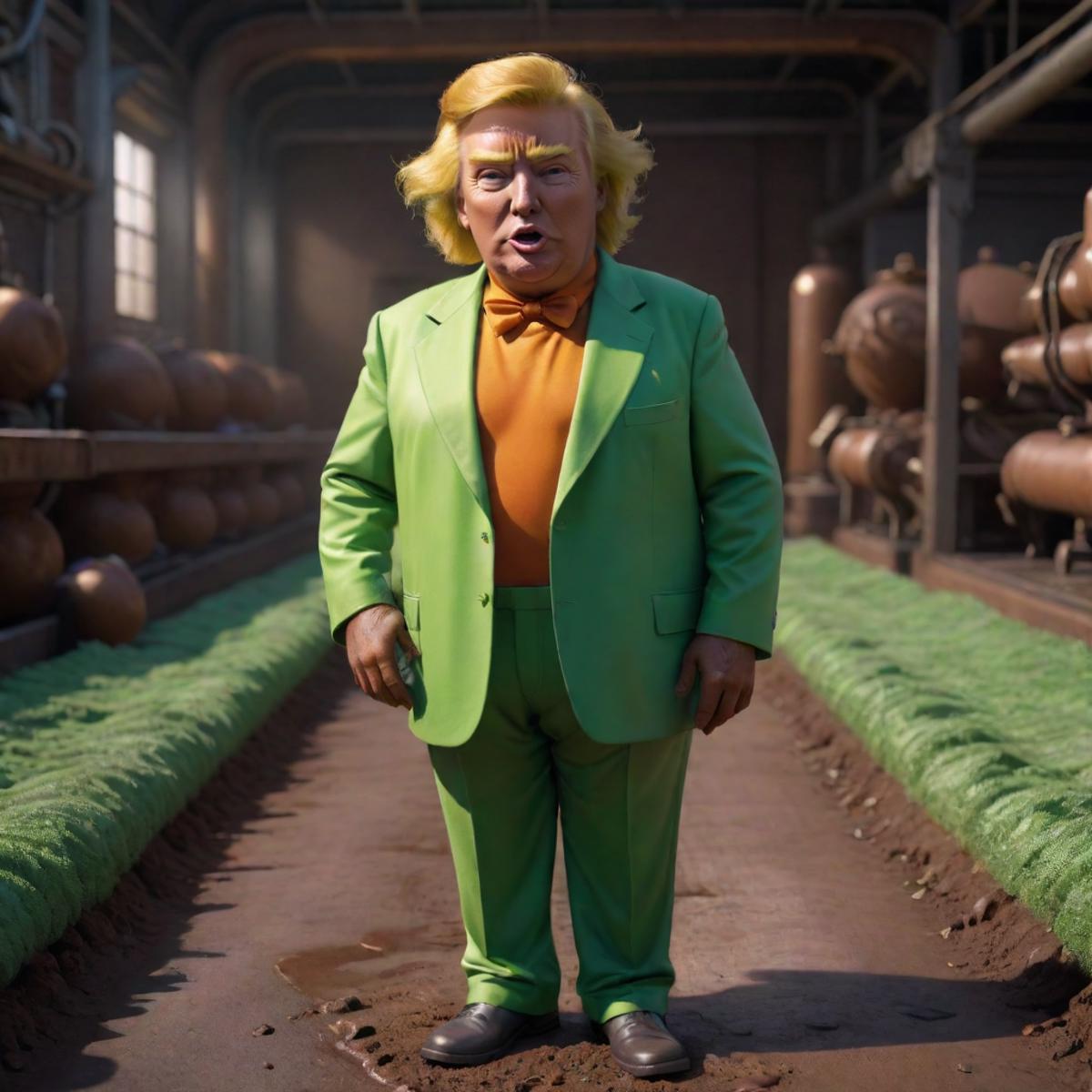 A cartoonish Trump-like character wearing a green suit and standing in a muddy field.