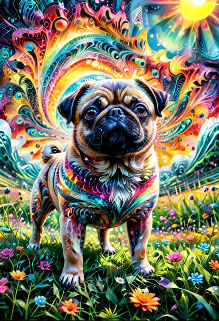 An adorable stylized pug, its large expressive eyes sparkling with curiosity. fluffy fur ripples as it plays in a vibrant background, the sun casting warm light on its playful antics in a lush, colorful meadow. Surrealism art style, dreamlike and irrational imagery, explores the unconscious mind, juxtaposition of unlikely elements, challenges reality and logic, Fractangles, made out of fractangles SDXLposXL,