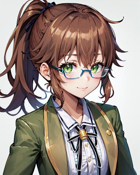 best quality, (masterpiece:1.2), illustration, absurdres,
(1girl), (solo), (beautiful detailed girl),  (upper body, portrait),,
<lora:TowaKuro2-06:1>, Towa Herschel, brown hair, ponytail, hair ribbon, green eyes, petite, small, short, flat chest, small breasts,
blue glasses, green jacket, white shirt, black neckwear, black pants, green shoes
looking at viewer, gentle smile,
prairie, sky,