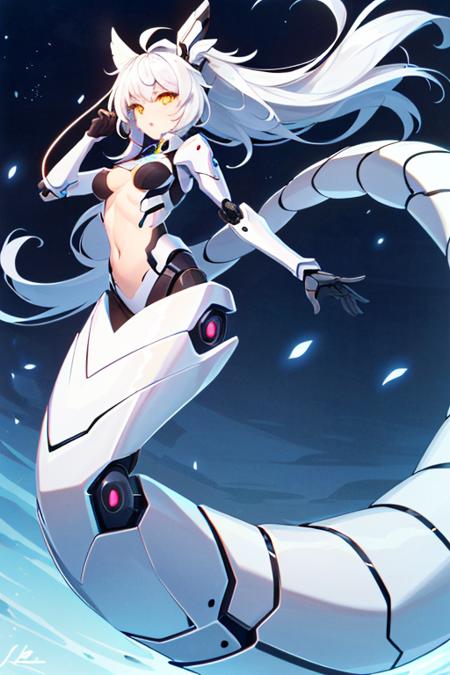 (sfw), intricate details, (bright neon colors), detailed background, night, 1girl, (lamia:1.4, monster girl, petite, (cute face, bright glowing yellow eyes), (human torso, petite perky breasts, robotic arms, robotic serpentine lower body, long coiled robotic tail), (white hair, absurdly long hair, hair blowing in the wind)), dynamic angle