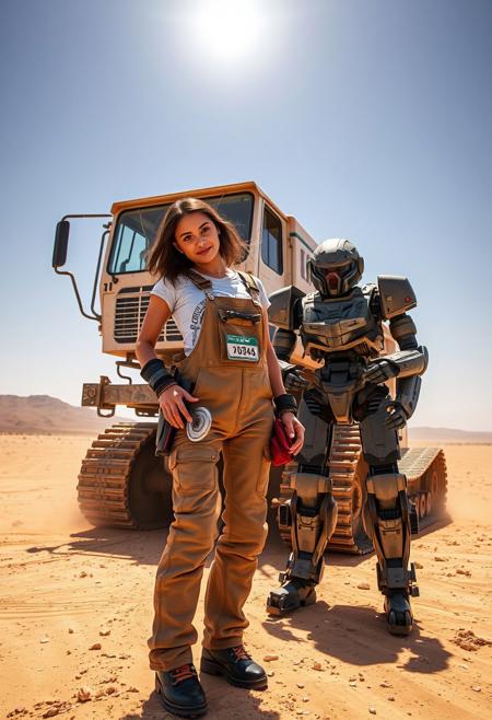 An attractive young hispanic woman stands in the desert. She is looks at the camera as she works on a large tracked machine. She is wearing overalls with armor and is holding a wrench in her left hand. 
The landscape is dusty with the sun brightly shining over the barren desert landscape. She is fully clothed and NOT wearing a helmet. Next to her is a large armored robot assistant holding tools.