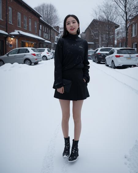 A girl in a black skirt was standing on the snow, and it was snowing in the sky