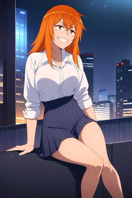 1girl, solo,sitting, cyberpunk cityscape,night city \(city\), stealth in the city,  masterpiece, school uniform, professional artwork, famous artwork, perfect face, orange hair, (orange eyes:1), beautiful face, evil smile, ((perfect female body, narrow waist)), background city,  <lora:Gamo Chan:0.8>