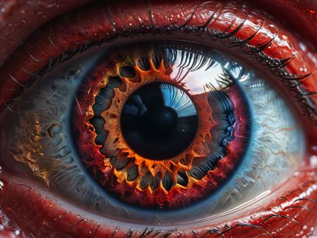 A macroscopic photo of a red human eye. 8k resolution, 4k image. HDR highly detailed. vivid. UHD, amazing depth, glowing rich colors, powerful imagery. Art by John Collier and Albert Aublet and Krenz Cushartore and Artem Demura and Alphonse Mucha<lora:xl_more_art-full_v1:0.95>