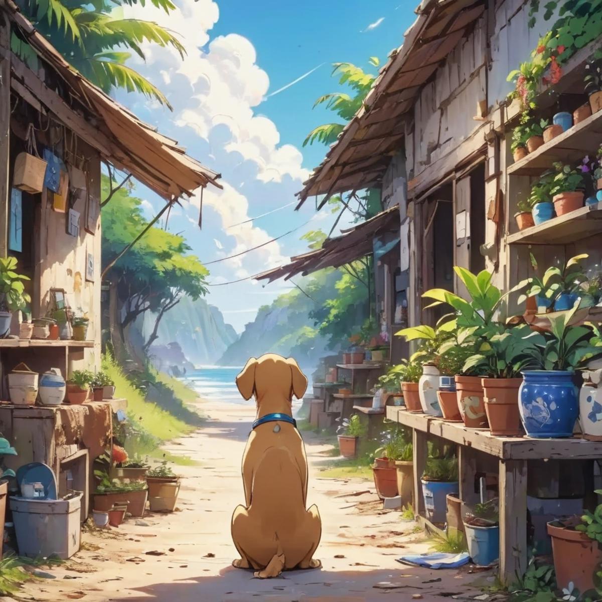 Brown dog sitting on a dirt road in front of a shack with potted plants.