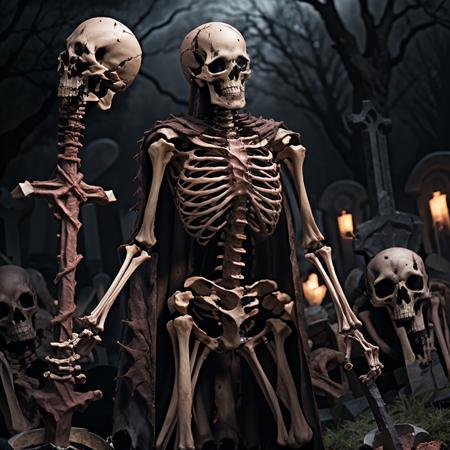 <lora:RPGSkeleton:1> skeleton:1.1, holding staff, ribs, standing, cape,  depth of field, ((night)), ((graveyard)), realistic:1.3