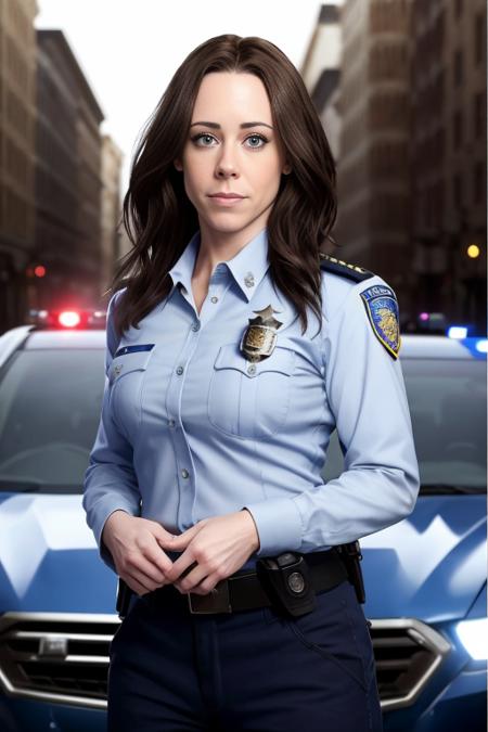 realistic Men's Journal portrait photo of (c453y4nth0ny-neutral3:1.0) with a french Bob hair posing as a glamour model in police uniform standing next to cop car, sharp focus, skin texture, light bokeh