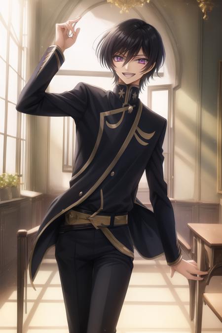 masterpiece, best quality,
lelouch lamperouge, student, 1boy,
solo, (((ashford academy uniform))), portrait,
crazy laugh, crazy smile, crazy grin, 
short hair, purple eyes, geass
belt, black belt, black jacket, black pants, 
mksks style, professional lightning, spotlight, school, classroom,