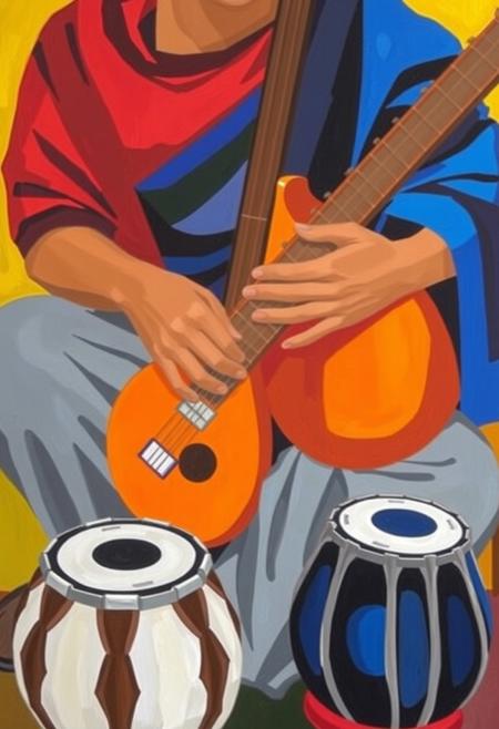 This vibrant painting captures a musician deeply engaged with their instrument, likely a sitar or similar stringed instrument, given its long neck and gourd-like base. The artist employs a bold, almost Cubist style, with distinct blocks of color defining the form of the figure and the instrument. Shades of deep blue and reddish-brown dominate the upper body, suggesting draped fabric, while a lighter grey forms the lower attire. The instrument itself is rendered in warm oranges and browns, creating a striking contrast against the darker clothing. The hands are delicately portrayed in light grey, positioned precisely on the instrument's fretboard and strings, conveying a sense of focused artistry. In the foreground, two percussion instruments, possibly tabla drums, are depicted in white and dark blue, indicating a potential musical ensemble. The background is a mix of earthy yellows and greens, adding to the rich, warm palette of the artwork. The overall impression is one of rhythmic harmony and cultural richness, expressed through abstract forms and vivid colors. Fine hands
