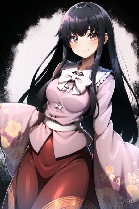 best quality, <lora:Kaguyav1:1>, Kaguya, 1girl, solo, long hair, looking at viewer, blush, smile, bangs, skirt, shirt, black hair, red eyes, long sleeves, bow, very long hair, closed mouth, frills, japanese clothes, wide sleeves, blunt bangs, bowtie, sleeves past wrists, red skirt, floral print, frilled skirt, white bow, frilled sleeves, black background, sleeves past fingers, pink shirt, frilled shirt collar, hime cut, hagoromo,