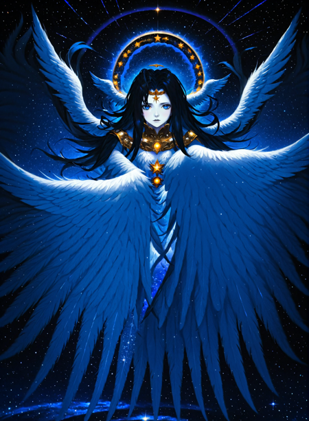 Endsinger, 1girl, angel, black hair, blue eyes, blue skin, blue theme, colored skin, feathered wings, halo, large wings, long hair, looking at viewer, multiple wings, sky, solo, space, star (sky), starry sky, wings, <lora:EndSinger:0.8>