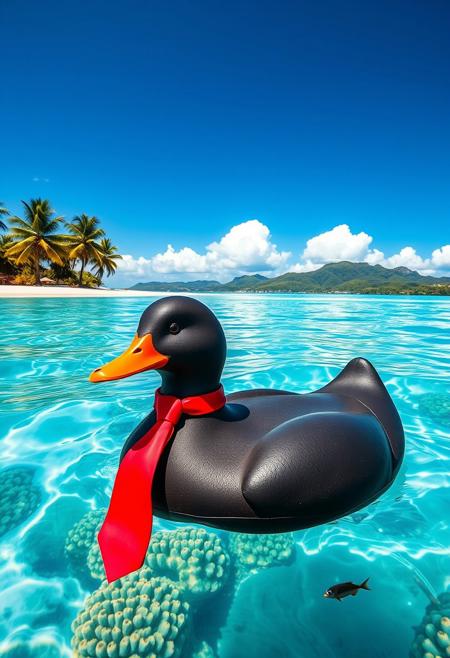 A realistic black rubber bathtub duck, adorned with a bright red necktie tied snugly around its neck, floats on the crystal-clear, turquoise waters near a Fijian shore. The midday sun shines fiercely, casting crisp reflections of swaying palm trees and powdery white sand onto the sea. Gentle waves lap at the duck, revealing vibrant coral and darting tropical fish below. In the distance, lush green hills rise beneath a sky flecked with fluffy cumulus clouds. The duck’s matte surface and the tie’s subtle sheen catch the light, blending quirky charm with the vivid, tropical realism of the scene.