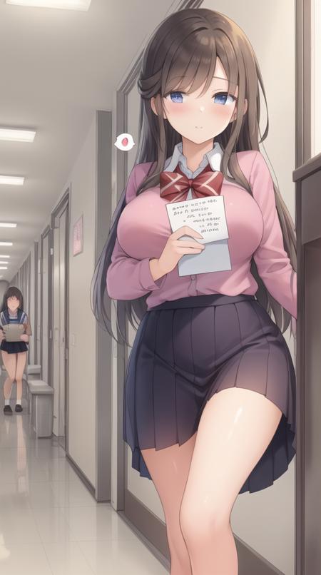 masterpiece, best quality, girl, in school hallway, holding love letter, spoken hearts