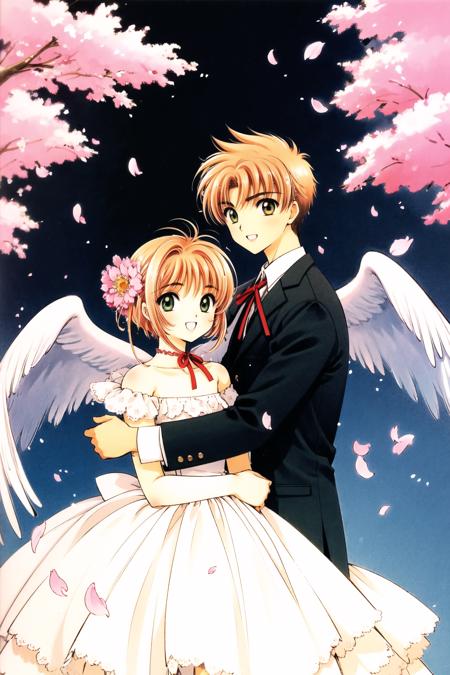 1girl, kinomoto sakura, 1boy, Li Syaoran, dress, brown hair, green eyes, smile, brown eyes, white dress, open mouth, wings, 1990s (style), looking at viewer, puffy sleeves, short hair, :d, short sleeves, ribbon, long sleeves, hetero, petals, bangs, retro artstyle, jacket, antenna hair, puffy short sleeves, white jacket, hair ornament, couple, formal, cherry blossoms, bare shoulders, closed mouth, male child, suit, flower, choker, red ribbon, off shoulder, hair flower, off-shoulder dress, hug, white wings, hand on another's shoulder, <lora:Card Captor Sakura_v2:0.8>