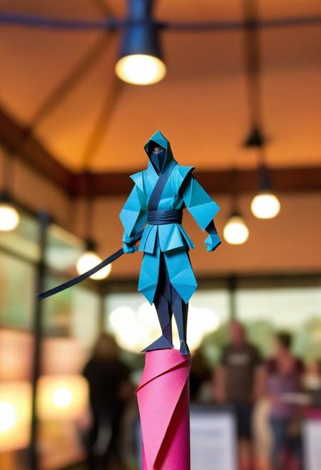 a picture of an origami of a ninja perched on top of a light pole made from a single sheet of multicolored paper, the piece is displayed in a museum with many viewers in the background, bokeh