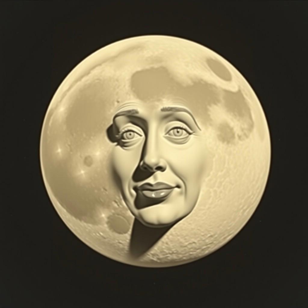 3d full Moon with woman's face sculpted on it large craters, caricature,  small stars in background, unrealistic, still from 1940s movie