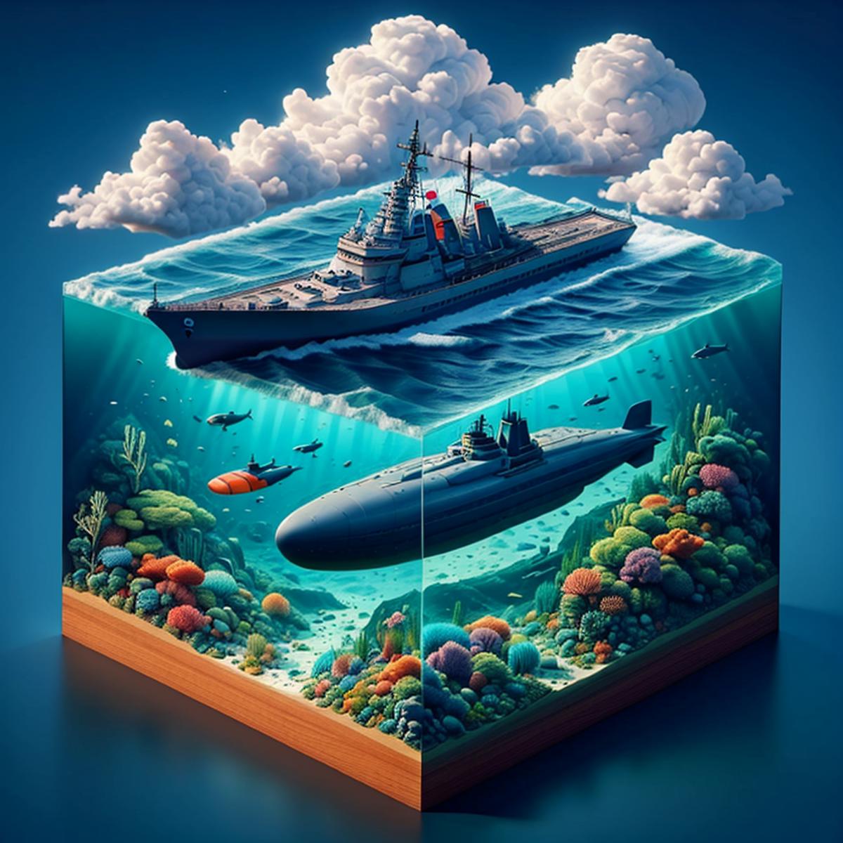 A 3D model of a submarine and a battleship underwater with fish and coral.
