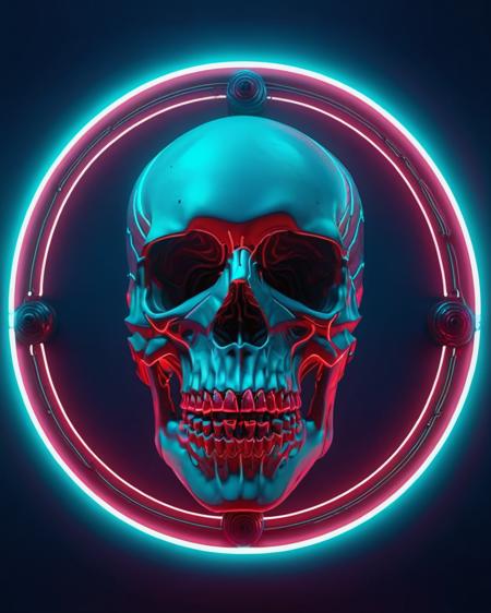 a platinum and cinnabar image of a human head skull in a circle of neon lights on a dark background with a robin-egg-blue neon circle, Android Jones, cinema 4 d, a 3D render, generative art , render<lora:skull_graphics:1.0>