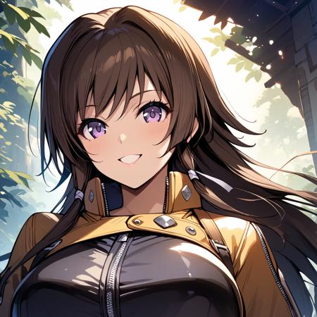 takamura yui,  brown hair, purple eyes, long hair, large breasts originaloutfit pilotoutfit gekkaoutfit militaryuniform bikinioutfit swimwearoutfit