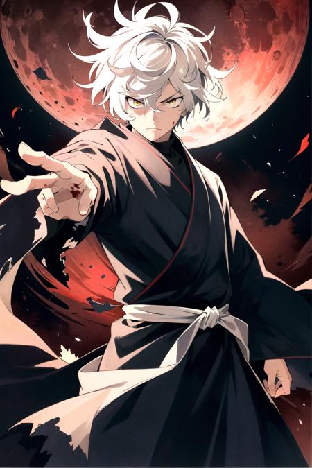 (masterpiece:1.2, best quality), Gabimaru, 1boy, male focus, solo, white hair, yellow eyes, looking at viewer, torn clothes, black robe, white belt, closed mounth, semi-negative intricate moon crimson and black color background, blood moon, cinematic lighting, blood splashes, blood, cowboy shot, detailed background, complex structures, hyperdetailed sharp face, dynamic pose, 