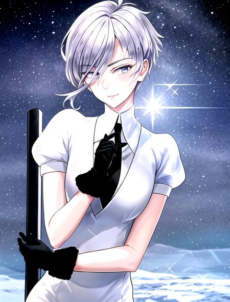 masterpiece, 8k uhd, absurdres, gorgeous girl, skinny, flat chest, very short grey hair, glare, (sparkling hair,:1.1) short black gloves, white suit, black tie, sunny day, winter <lora:Antarcticite_V3:0.8>