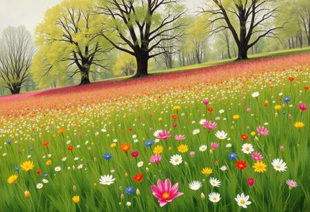 Painterly styled in the 1880s. Spring scene. Colorful flower field, green grass, with lush trees.