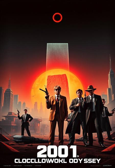 Design a surreal movie poster for 2001: CLOCKWORK ODYSSEY, blending A Clockwork Orange, 2001: A Space Odyssey, Reservoir Dogs, Gone with the Wind, The Untouchables, and Gomorrah. In the foreground, Alex from A Clockwork Orange stands alongside sharply dressed gangsters from Reservoir Dogs and The Untouchables, holding futuristic weapons. Add gritty, modern criminals from Gomorrah, injecting a raw, urban vibe.
The background merges the sterile space of 2001—with HAL 9000’s red eye and the monolith—against a burning sunset from Gone with the Wind. The landscape should blend urban decay from Gomorrah and Clockwork Orange with 1930s Chicago architecture from The Untouchables and the futuristic setting of 2001. Scarlett O’Hara stands elegantly beside the rough mobsters, contrasting romance and violence.
The color palette should mix the cold blues of 2001, warm reds from Gone with the Wind, and the dark, gritty tones from Gomorrah. The title 2001: CLOCKWORK ODYSSEY should blend classic and bold typography. Include ‘A Film by Stanley Kubrick’ at the bottom, capturing the blend of dystopia, crime, romance, and sci-fi.”
