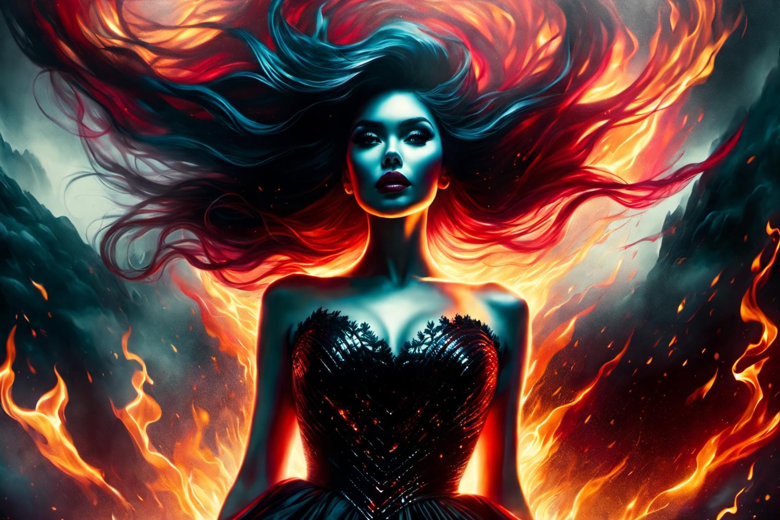 A woman with long dark hair wearing a black dress and red lips in front of a fiery background.