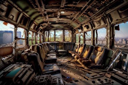 (SZ_4po enviroment), post-apocalyptic cityscape, highrise buildings, ruined vehicles, at sunset, distant smoke trails, Mad Max style, analog color photo