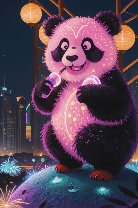 (close-up:1.3) panda, on A vibrant, neon-lit Dubai skyline at night, nature, (natural elements), (particle effects),glow sprite, with a glowing, <lora:COOLKIDS_MERGE_V2.5:1>,  <lora:add_sharpness:0.5>