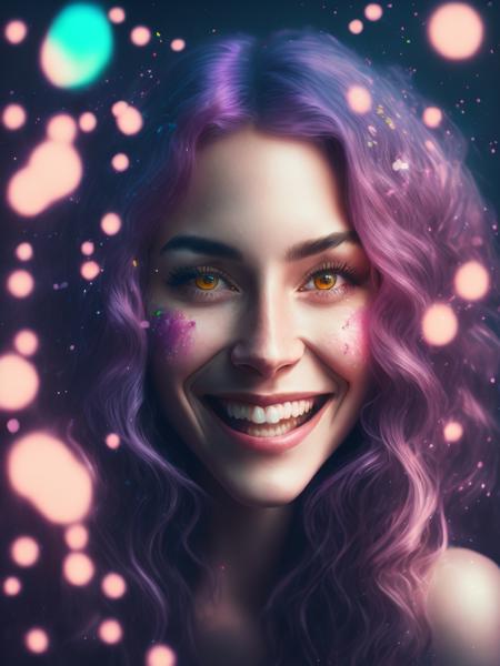 <lora:BrandonWoelfel:1>a very kind and smiling beautiful woman with purple and pink wavy hair with bright eyes and fireflies in the background